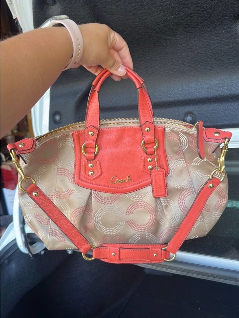 Coach Beige Signature Tote with Coral Trim